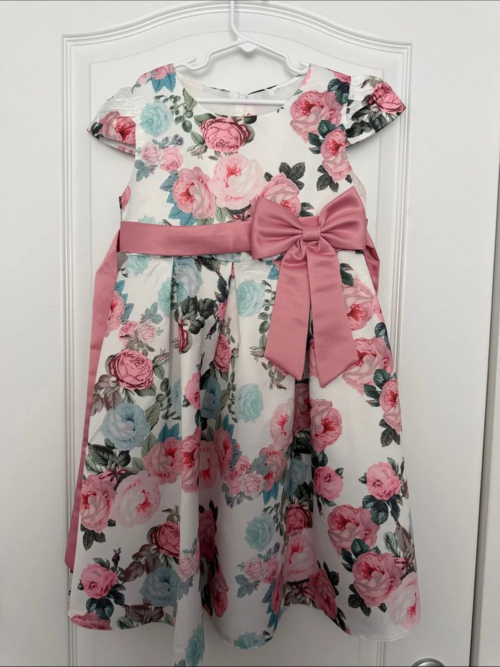 Girls Floral White Dress with Pink Ribbon Bow